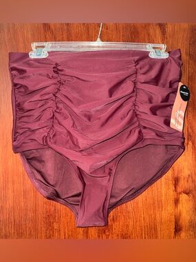 New Shapermint 2X High-Waist Ruched Swim Bottoms — Burgundy